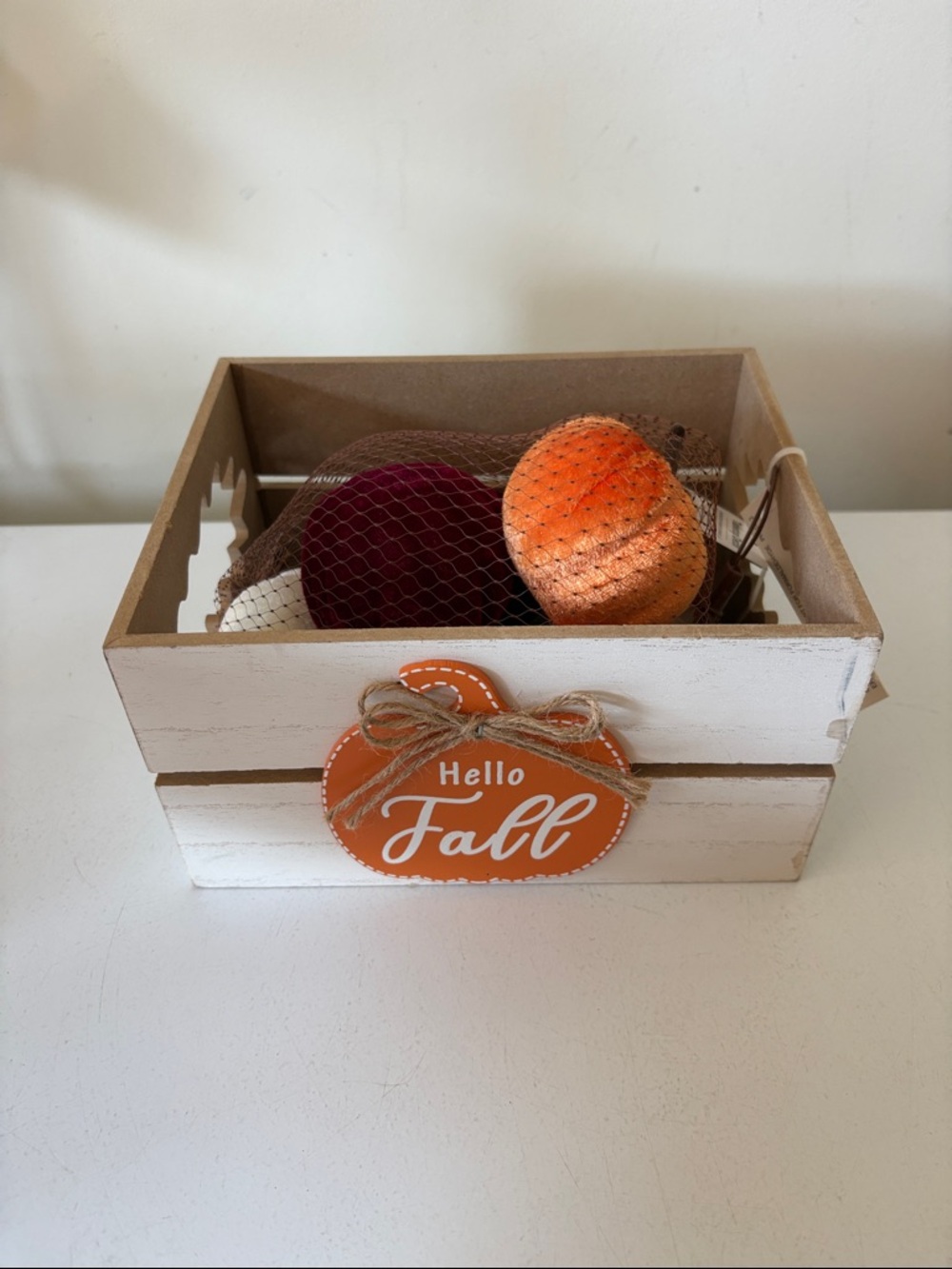 Hello Fall Wooden Crate with Decorative Pumpkins